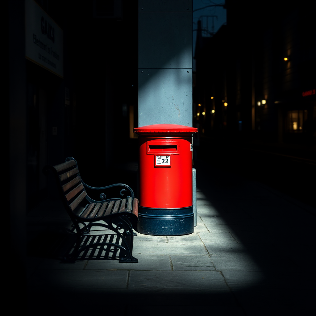 photograph a dimly lit urban scene featuring a bench and a red mailbox with dramatic shadows, use a Canon EOS R5 camera with a 50mm f/1.2 lens, aperture set to f/2.8, ISO 100, shutter speed 1/60s, in shallow depth of field to create a striking contrast and enhance image quality.