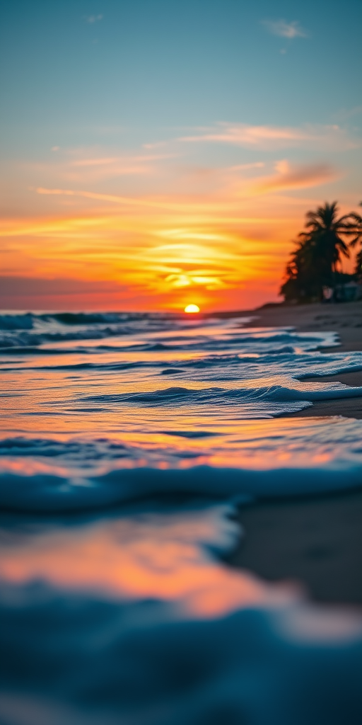 Create a high-resolution image of a peaceful beach sunset with vibrant colors, soft waves, and palm silhouettes, using a DSLR camera at f/8 aperture, ISO 100, shutter speed 1/125s, taken from a low angle with a wide-angle lens for an immersive perspective.