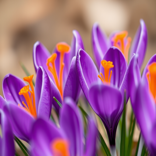 Close-up of vibrant purple crocus flowers with bright orange stamens, shallow depth of field, f/2.8, 100mm macro lens, natural light, soft focus background, DSLR camera.