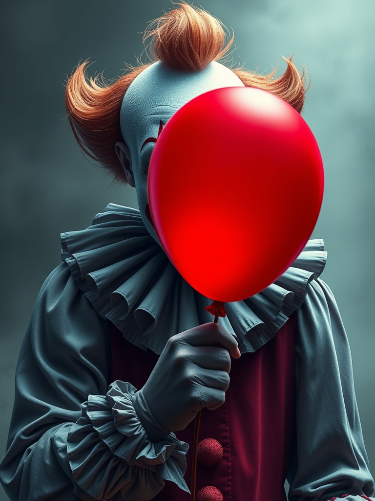 Create a high-resolution digital illustration of a sinister clown holding a red balloon, using a Canon EOS R5 camera with a 50mm lens, f/1.8 aperture, ISO 100, and soft diffused lighting for enhanced detail and contrast.