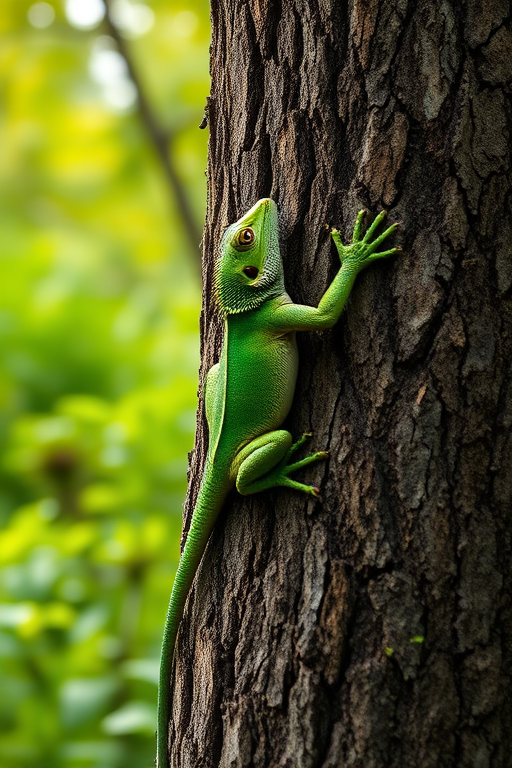 generate an image of a green lizard climbing a textured tree trunk in a lush green forest background