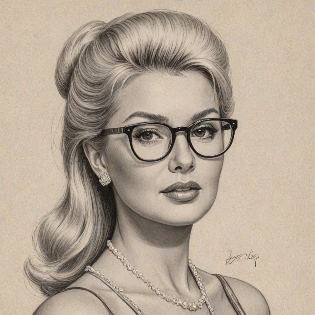 Enchanting Ivana Trump, pencil sketch, portrait of Sublime woman 1953s in glasses, hair style beatnik, outline, clear lines, fine lines, 8k