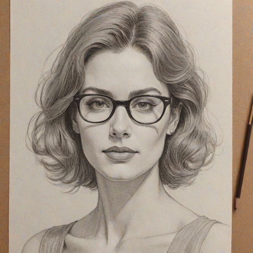 Ravishing Dylan Gelula, pencil sketch, portrait of Graceful woman 1978s in glasses, hair style beatnik, outline, clear lines, fine lines, 8k