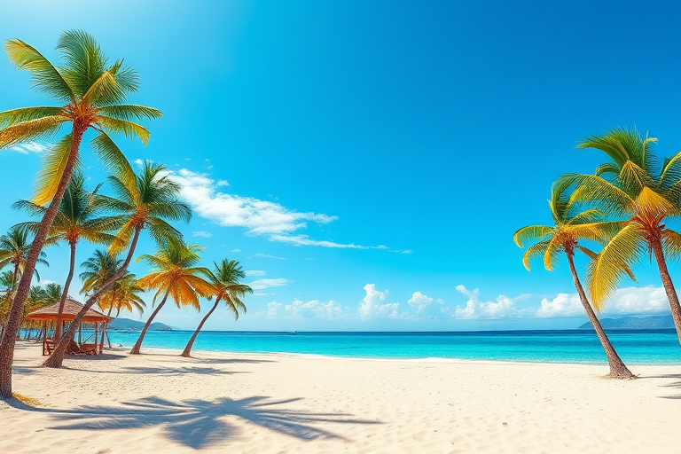 Create a vibrant digital illustration of a tropical beach scene framed in a heart shape, featuring palm trees, a sandy shore, and a bright blue sky; use high dynamic range imaging at f/11 aperture, ISO 100, 24mm lens, and a wide-angle perspective to enhance clarity and detail.