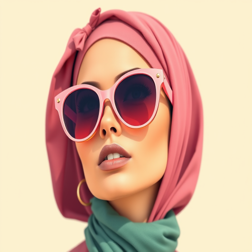Create a high-resolution vector style illustration of a woman with a vintage aesthetic, wearing oversized pink sunglasses and a stylish headscarf, with a soft color palette and minimal background, captured with a Canon EOS R5, 85mm lens, f/1.8 aperture, and natural lighting for enhanced texture and detail.