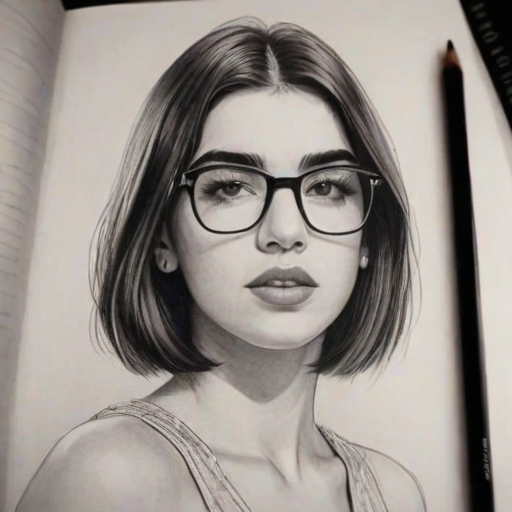 Enticing Dua Lipa, pencil sketch, portrait of Appealing woman 1929s in glasses, hair style beatnik, outline, clear lines, fine lines, 8k