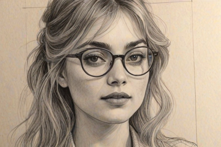 Exquisite Imogen Poots, pencil sketch, portrait of Resplendent woman 1974s in glasses, hair style beatnik, outline, clear lines, fine lines, 8k