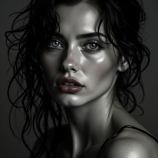 a striking portrait in the style of black-and-white photography, dramatic high-contrast lighting eloquently tracing the intricate details of hand-drawn pen strokes, a beautiful Nordic woman tousled hair and shining, focus on blue eyes and red lips, radiating with intensity portrait that highlights her dark , wet, . The monochromatic statement features her pale skin colored by tiny beads of sweat and water droplets, showcasing a hyper-detailed composition that focuses entirely on her unforgettable face. The stylized composition basks in atmosphere and mystery, created by the powerful, piercing gaze of the water-driven Nordic woman as she commands an intense and mesmerizing aura within the limited frame. Composed to evoke a sense of nostalgic wonder, this portrait perfectly captures the essence of a bygone era.