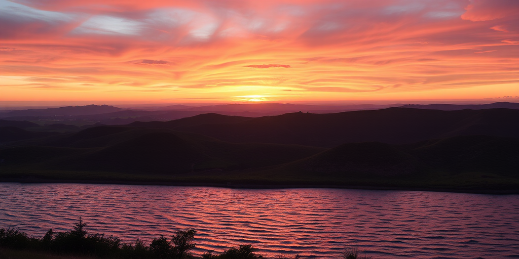 Generate a high-resolution image of a serene landscape featuring a vibrant sunset over rolling hills with a body of water in the foreground, captured with a DSLR camera at f/8 aperture, ISO 100, and a shutter speed of 1/125 sec, using a wide-angle lens from a low angle view for dramatic effect.