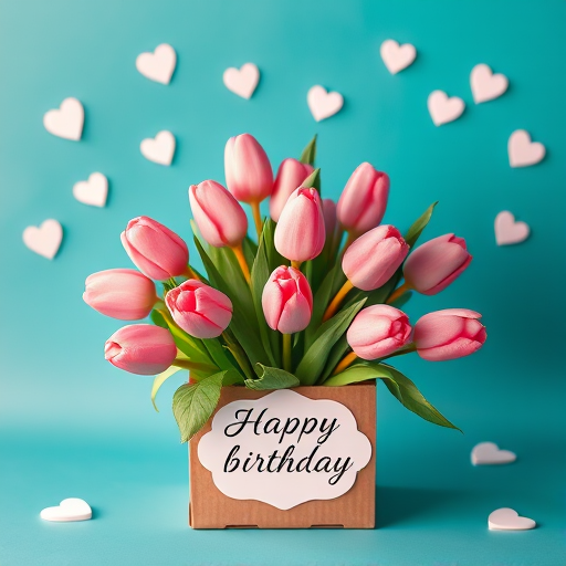A bouquet of pink tulips in a brown cardboard box with green leaves against a teal background surrounded by white hearts and a small pink and white sticker, with the words Happy birthday in elegant black script.