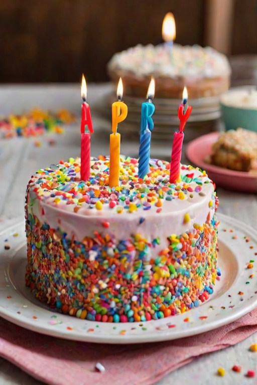 Create an image of a colorful birthday cake with sprinkles, topped with candles that spell out "Happy Birthday." The cake is placed on a festive plate, surrounded by scattered confetti on a table. The background should be simple and light to emphasize the cake.