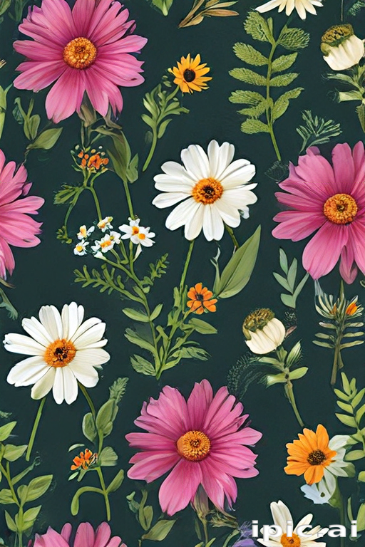 Colorful Floral Pattern Featuring Various Flowers Against a Dark Background