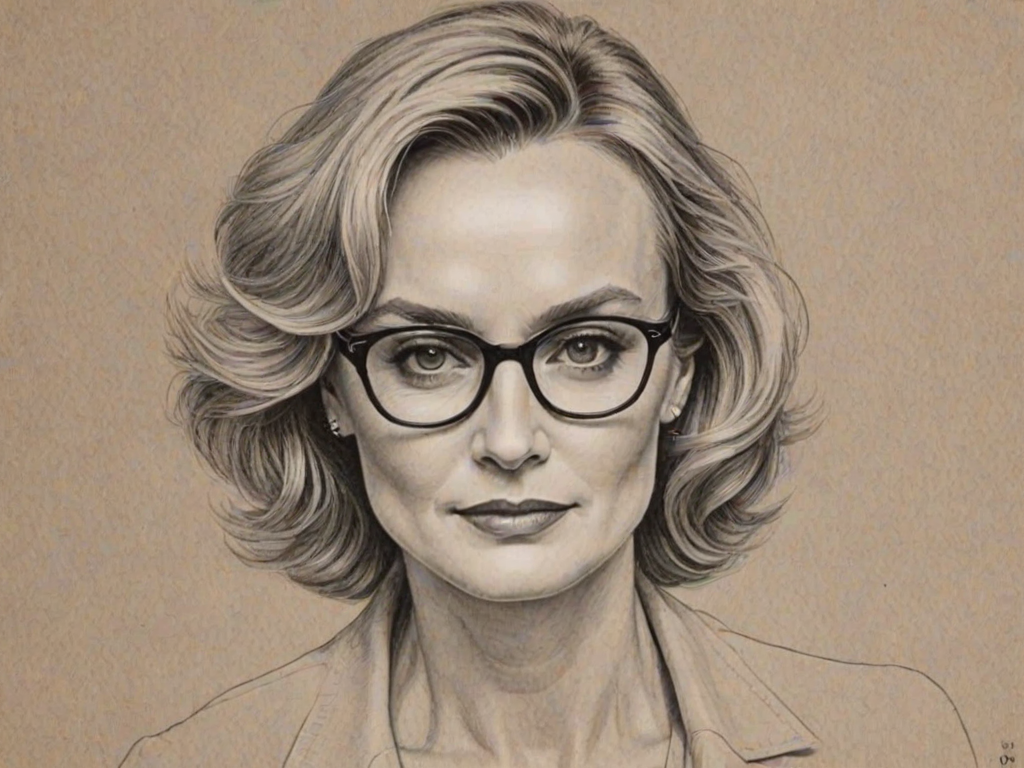Resplendent Jessica Lange, pencil sketch, portrait of Alluring woman 1979s in glasses, hair style beatnik, outline, clear lines, fine lines, 8k