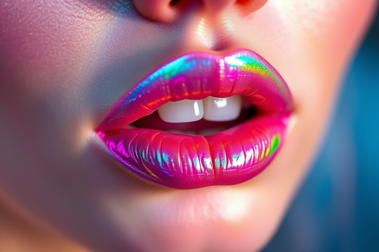 Iridescent holographic lip gloss "Unicorn Dreams" that shifts colors in different lighting, creating a mesmerizing effect for festivals and artistic makeup, non-sticky and lightweight
