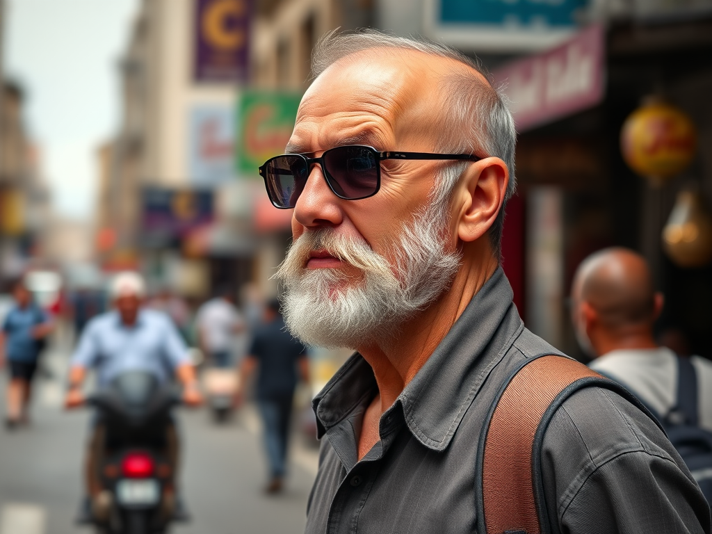 Portrait of an older man with a beard and sunglasses standing on a busy street, captured with a 50mm lens, aperture f/1.8, ISO 200, shallow depth of field, using a DSLR camera in natural light.