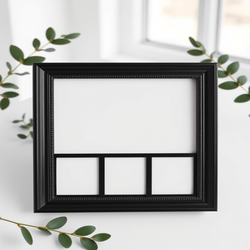 Create a high-resolution image of a black anniversary photo frame with three empty square placeholders on a clean white background using a DSLR camera, 50mm lens, aperture f/2.8, shutter speed 1/200s, ISO 100, with soft natural lighting from a window.