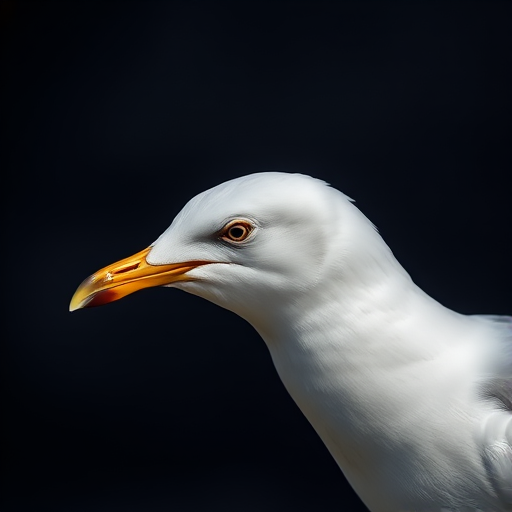 Capture a close-up of a seagull against a dark background, using a DSLR camera with a 50mm lens, aperture set to f/2.8 for shallow depth of field, ISO 200 for low noise, and a shutter speed of 1/500s to freeze motion, in natural light conditions.