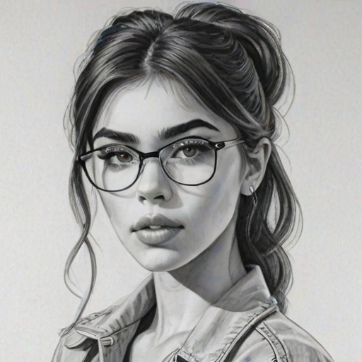 Superb Madison Beer, pencil sketch, portrait of Lovely woman 1954s in glasses, hair style beatnik, outline, clear lines, fine lines, 8k