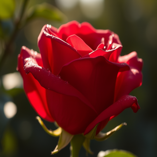 Close-up of a red rose with dewdrops, backlit by soft sunlight, use a DSLR camera, 50mm lens, aperture f/2.8, ISO 100, shallow depth of field, vibrant color saturation.