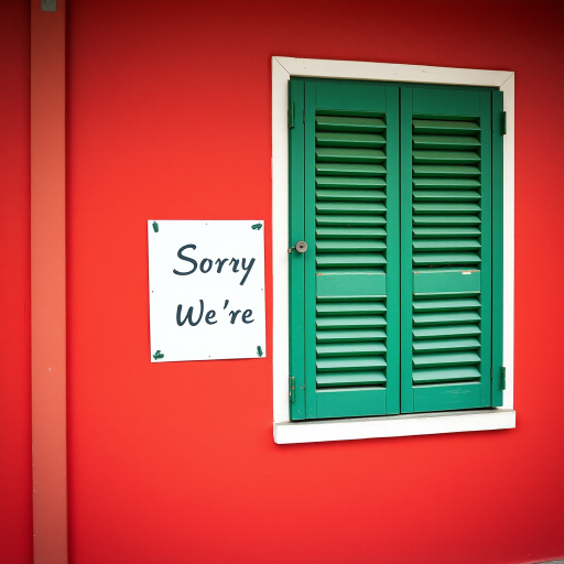 Generate an image of a closed storefront with a prominent "Sorry We're closed" sign on a red wall, featuring a green shuttered window, shot with a DSLR camera at f/5.6 aperture, ISO 100, and 50mm lens, in daylight with a slight vignette effect for depth.