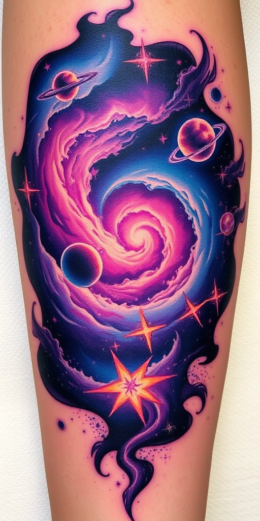 Cosmic tattoo "Galactic Odyssey" depicting a breathtaking space scene with swirling nebulae, distant planets, and shimmering stars in a rich palette of purples, blues, and iridescent accents