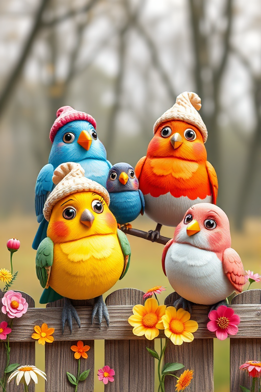 create a scene of 4 quirky  whimsical colourful comical birds each with a funny expression. they are sat on a wooden fence with colourful flowers. they are all different sizes. each one is a different colour  one is wearing a woolly hat. Each one has a different quirky google expression and there is a muted background of trees watercolour paintierly style high definition 8k resolution 3D paper mache