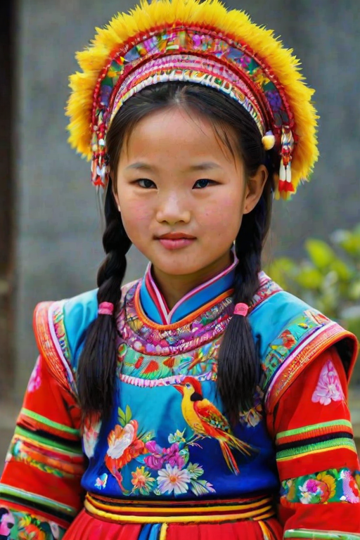 A beautiful Miao girl, wearing colorful bird clothing with vibrant colors
