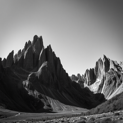 Regenerate an image of a dramatic mountain landscape with steep rocky peaks under a clear sky, captured in high contrast black and white, using a DSLR camera with a wide-angle lens, ISO 100, aperture f/8, and shutter speed 1/250s, from a ground-level perspective.