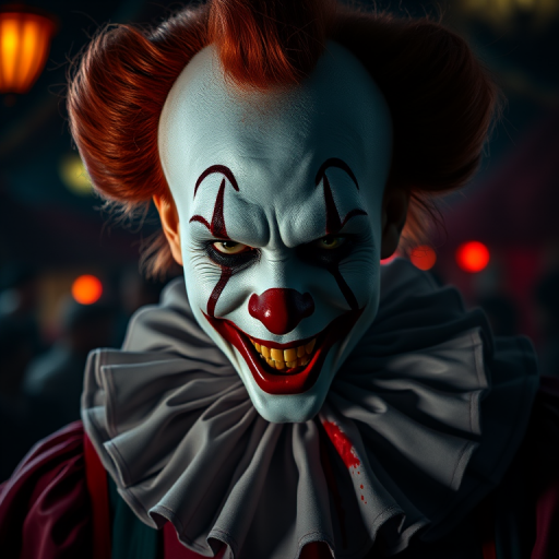 Generate a high-resolution image of a sinister clown with makeup, detailed facial expressions, and blood stains on a ruffled collar, shot with a Canon EOS R5, 85mm lens, aperture f/1.8, ISO 200, with dramatic lighting and a shallow depth of field to emphasize the clown's haunting features in a dimly lit circus environment.