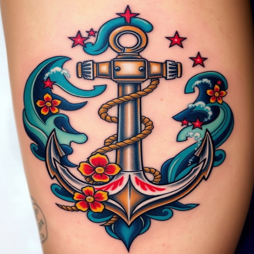 Neo-traditional anchor tattoo titled "Sea's Embrace" combining bold lines and vivid colors with a classic maritime motif. Rich shades of blue and teal create a sense of depth, while touches of red and yellow add warmth. Intricate details like rope, flowers, and nautical stars surround the anchor, creating a visually stunning piece steeped in symbolism.