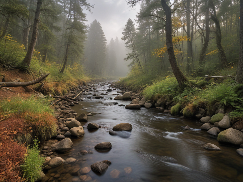 Tranquil Forest Scene Featuring a Misty Stream Flowing Through Tall Trees