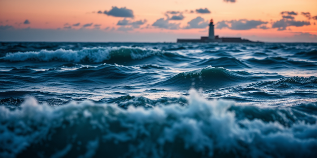 capture a dramatic seascape at dusk with turbulent waves and a distant lighthouse, soft focus, ISO 200, f/8, 1/125s, 35mm lens, DSLR camera, wide-angle view, golden hour lighting