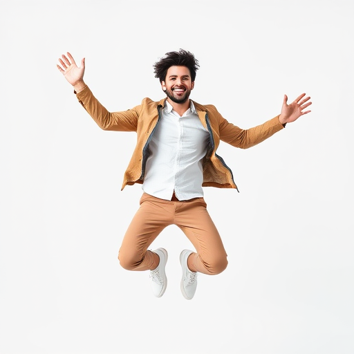A cheerful man jumping mid-air against a plain white background, 50mm lens, f/2.8 aperture, ISO 100, shutter speed 1/500s, natural light, front view, portrait orientation, DSLR camera.