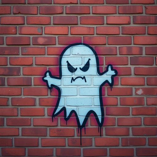Create a high-resolution image of an angry ghost graffiti on a textured red brick wall, using a Canon EOS R5 with a 50mm lens, f/1.8 aperture, ISO 100, and a soft natural lighting setup.