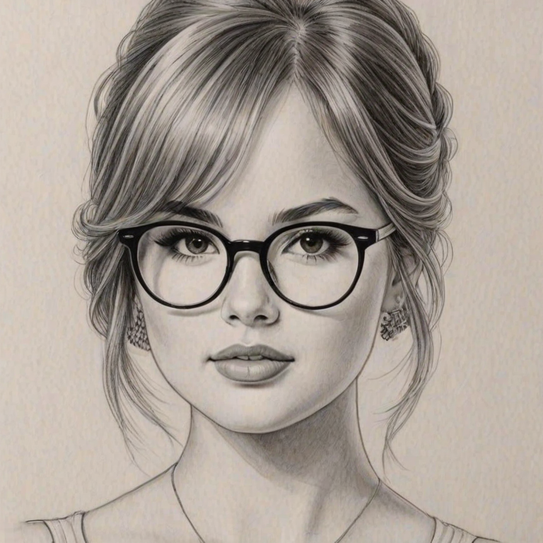 Delightful Debby Ryan, pencil sketch, portrait of Enticing woman 1962s in glasses, hair style beatnik, outline, clear lines, fine lines, 8k