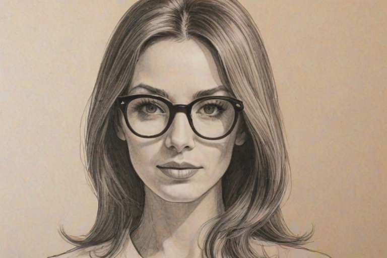 Superb Cristina Ricci, pencil sketch, portrait of Delightful woman 1968s in glasses, hair style beatnik, outline, clear lines, fine lines, 8k