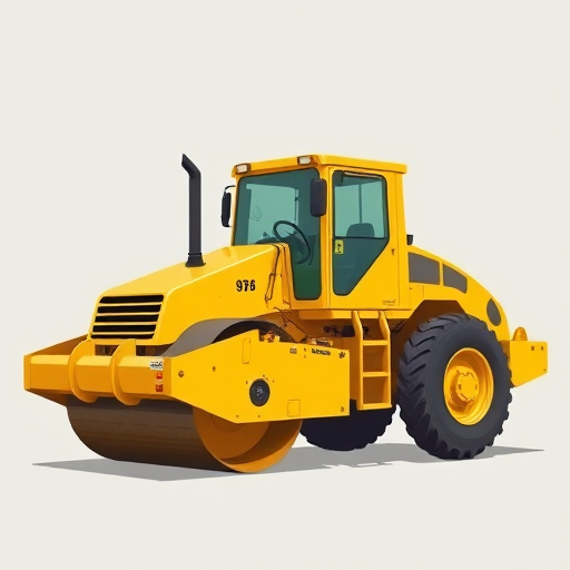 Create a detailed digital illustration of a vintage yellow steamroller with a flat profile view, high resolution, camera settings at ISO 100, aperture f/8, 1/125s shutter speed, shot with a DSLR, using a clean and minimalistic style with soft shadows and a light grey background for contrast.