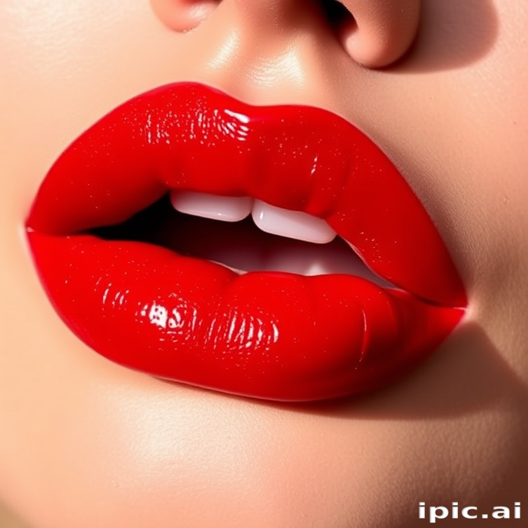Vibrant "Cherry Bomb" lip color featuring a glossy finish, intense red hue with subtle shimmer, perfect for evening glamour and bold statements