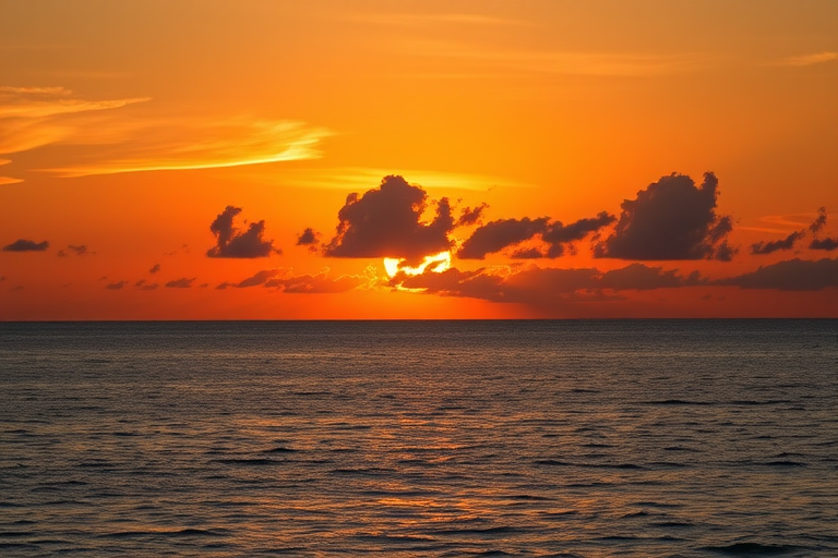 Create a high-resolution image of a beautiful sunset over a calm ocean, captured with a DSLR camera, 50mm lens, f/1.8 aperture, ISO 100, 1/200 sec shutter speed, in landscape view, utilizing natural lighting for enhanced color vibrancy.