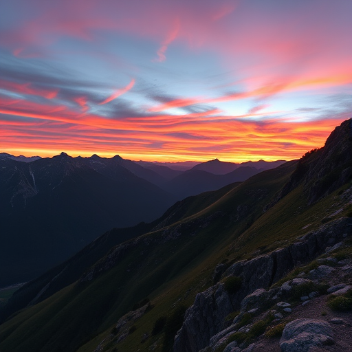Generate an image of a serene mountain landscape during sunrise with vibrant colors in the sky, use a Canon EOS R5 camera, 24mm lens, aperture f/8, ISO 100, 1/125 sec exposure, shot in landscape orientation with HDR style to enhance details and contrast.