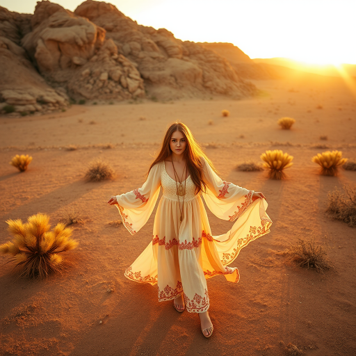 Desert setting, bohemian model, flowy dresses, earthy tones, rustic sunset effect,  equipped with a 12mm lens to capture an overhead view of the model, emphasizing symmetry and spatial positioning
