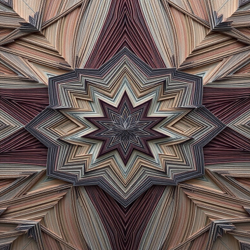 Create a high-resolution geometric pattern featuring intricate lines and layers in muted colors, captured with a DSLR camera at f/8 aperture, ISO 100, and a focal length of 50mm, using soft diffused lighting from a top view angle.