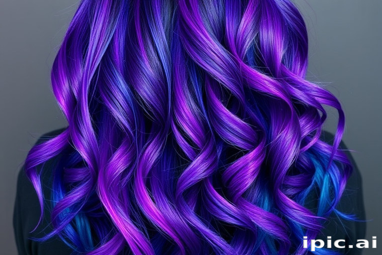 Intense purple to blue ombre style called "Twilight Galaxy" with long layers, vibrant color transition from deep violet roots to electric blue ends, soft spiral curls cascading down back, starry glitter accents scattered throughout