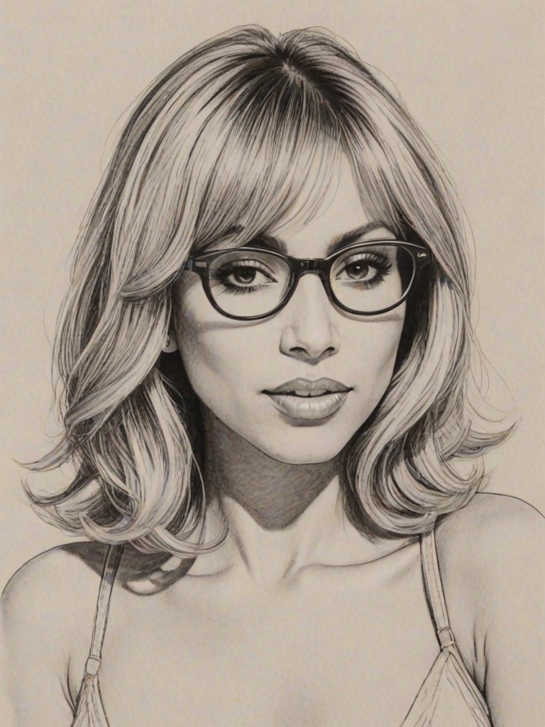 Captivating Cathy Guetta, pencil sketch, portrait of Gorgeous woman 1948s in glasses, hair style beatnik, outline, clear lines, fine lines, 8k