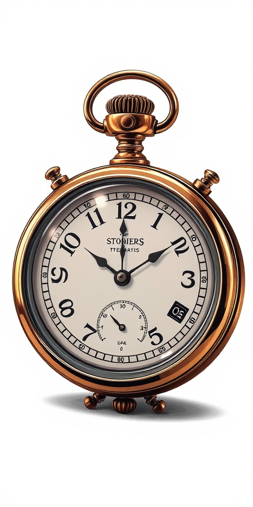 Create a detailed illustration of a vintage stopwatch with an ornate design, featuring a clear glass face, accurate markings, and a prominent crown, shot in a studio setting using a DSLR camera at f/2.8 with a 50mm lens, at ISO 100, with soft lighting to enhance shadows and highlights for a polished look.