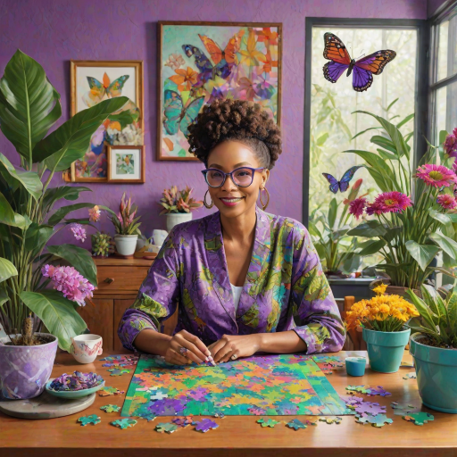 A vibrant and whimsical illustration of an african american woman sitting at a table working on a colorful jigsaw puzzle. she is wearing round glasses, and patterned clothing in shades of purple and green.  The background features an eclectic collection of framed butterflies, potted plants, and other natural elements, creating a warm and inviting atmosphere. The style is playful and modern, with rich textures, intricate details, and a lively color palette.