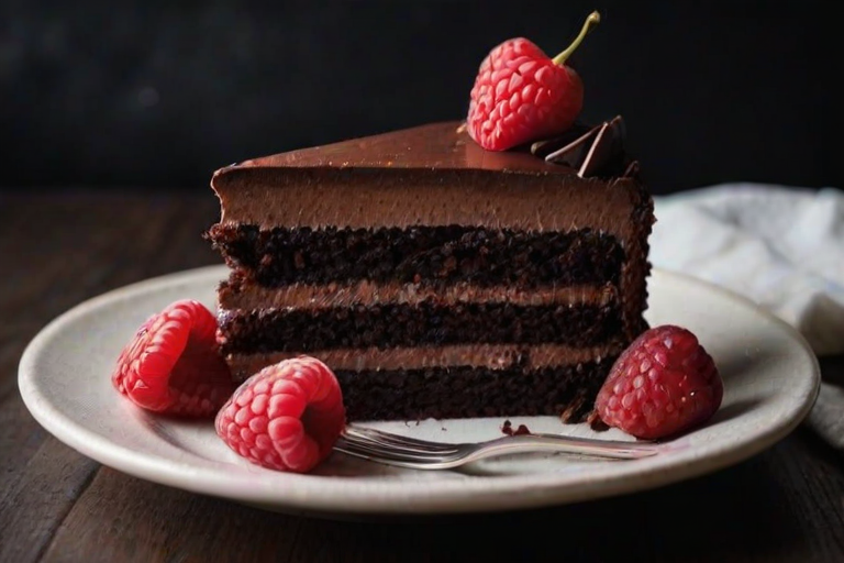 Generate an image of a decadent chocolate cake slice on a dark plate. The cake has multiple layers featuring rich chocolate, creamy mousse, and a light frosting. Top it with fresh raspberries and chocolate decorations. The background should be softly blurred with dark tones to enhance the focus on the cake.