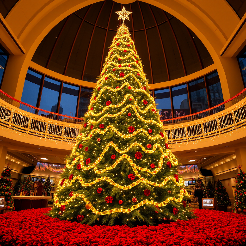 Create an image of a large, illuminated Christmas tree adorned with bright yellow lights in a festive indoor setting. The tree should have multiple tiers and a star on top. Surround the base with vibrant red decorations or flowers, creating a warm and cheerful holiday atmosphere.