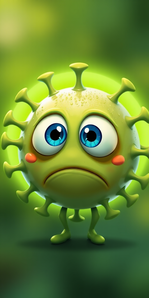 Create a cartoon-style illustration of a green virus character with big blue eyes and a sad expression, surrounded by a soft green halo, using a high-resolution digital camera with a 50mm lens, aperture f/2.8, 1/125 sec shutter speed, and natural lighting for enhanced image quality.