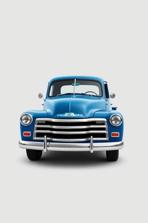 Create a high-quality vector illustration of a vintage blue pickup truck with a simple background, using a 50mm lens, f/8 aperture, 1/250 shutter speed, and soft lighting, capturing a slightly angled view to emphasize the truck's design.